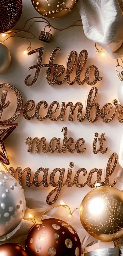 Festive December wallpaper with ornaments and lights.