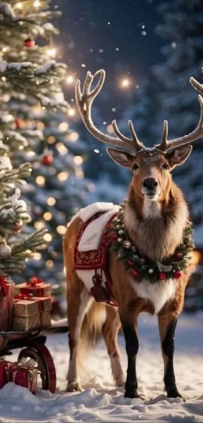 Festive reindeer by a decorated Christmas tree in snow.