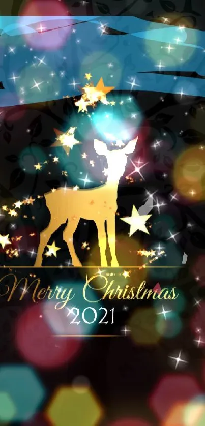 Golden deer with stars Christmas wallpaper design.