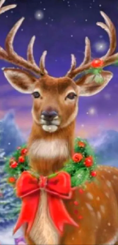 Christmas deer with ornaments in snowy landscape.