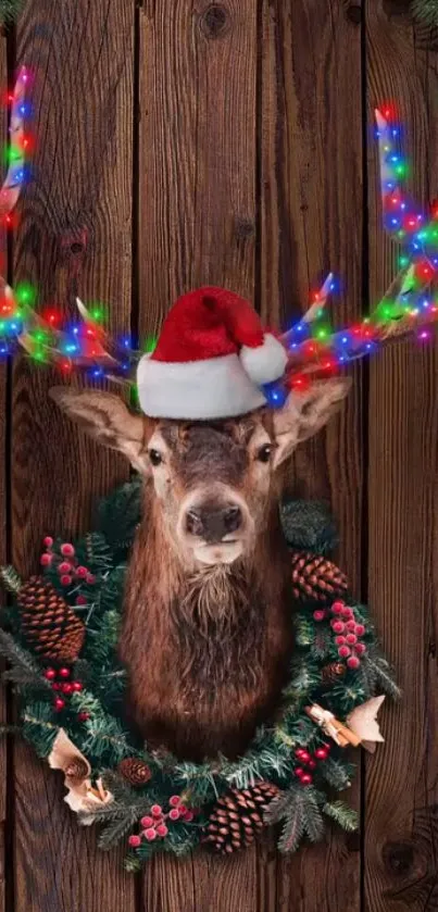 Festive deer with wreath and lights on wooden background.