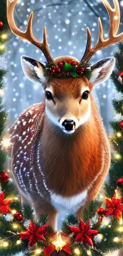 Festive deer in wreath with snowflakes.