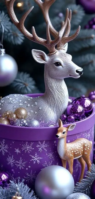 Elegant festive deer ornament with purple and silver decorations.