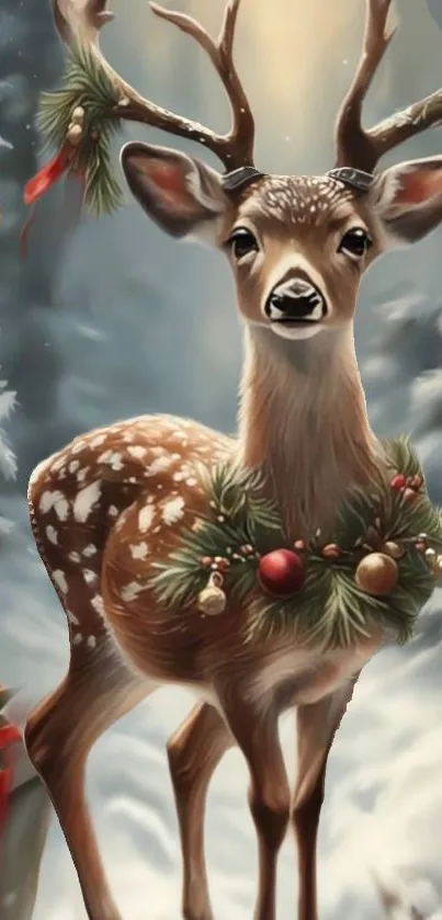 Festive deer in a snowy forest scene with holiday decorations.