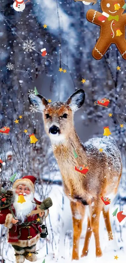 Deer in snowy forest with Christmas decorations and Santa.