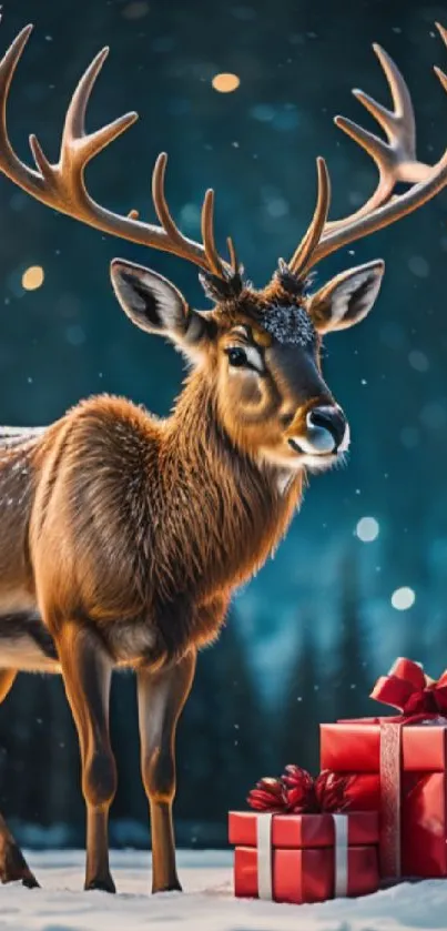 Majestic deer with antlers stands in snow beside red holiday gifts.