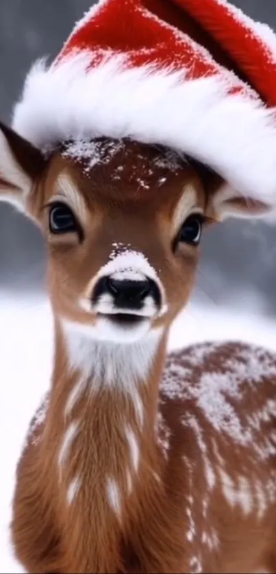 Adorable baby deer wearing Santa hat in snowy winter scene.