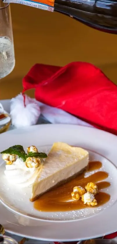 Festive dessert with cheesecake and champagne on a holiday-themed table.