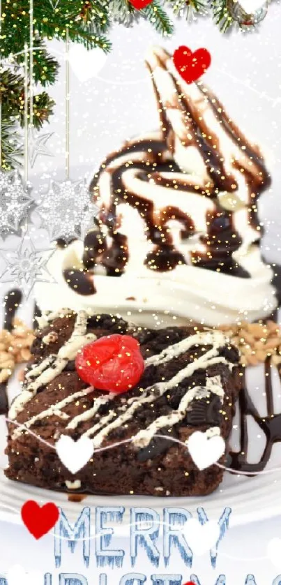 Christmas dessert plate with ice cream and chocolate on a white background.