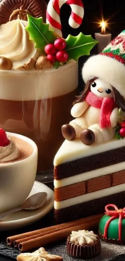 Festive dessert with hot chocolate and toy decoration.