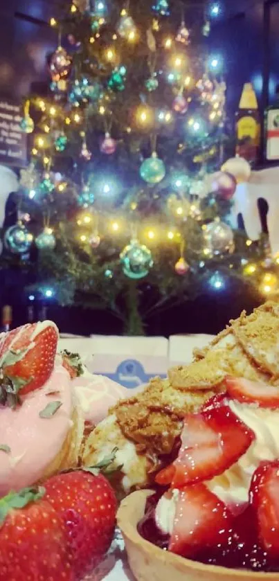 Festive desserts with Christmas tree lights in background.