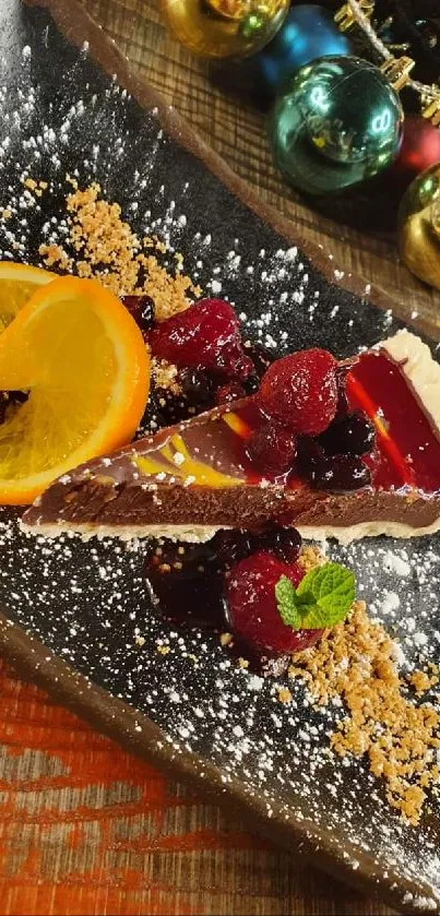 Festive dessert with chocolate tart on elegant black plate.