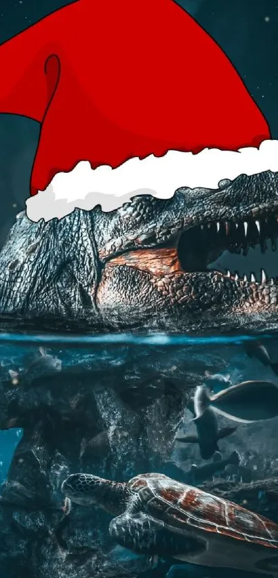 Dinosaur wearing a Santa hat underwater with turtle