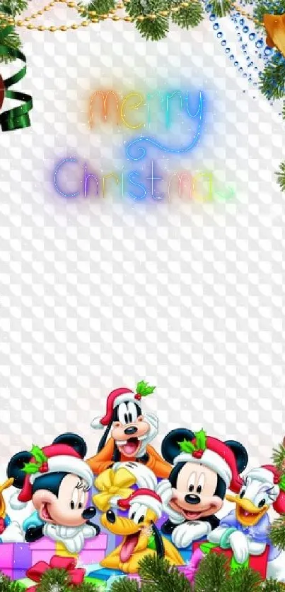 Disney characters in Christmas hats with a festive border.