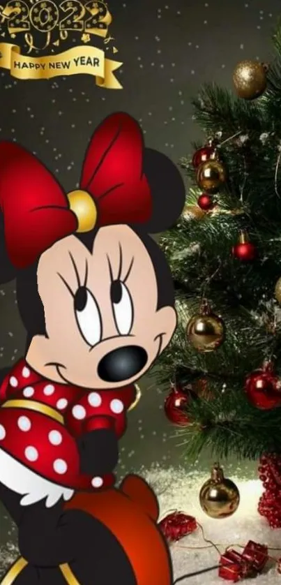 Minnie Mouse with Christmas tree wallpaper.