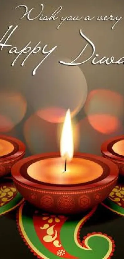 Three candles with festive Diwali design and warm glow on a mobile wallpaper.