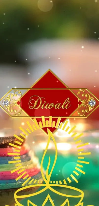 Diwali wallpaper with diyas and vibrant colors representing the Festival of Lights.