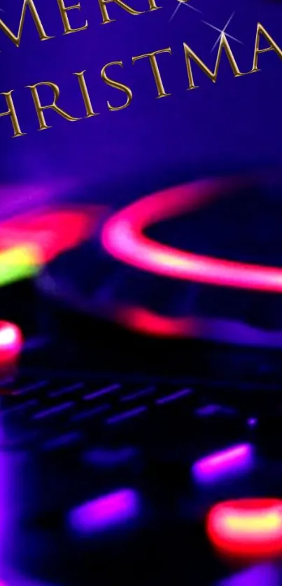 Vibrant DJ setup with neon Christmas lights.