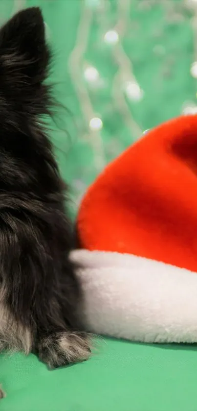 Festive dog with Santa hat on green background with cheerful atmosphere.