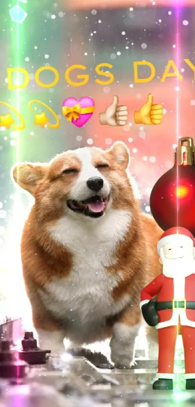 Corgi with Santa and festive emojis on a colorful background.