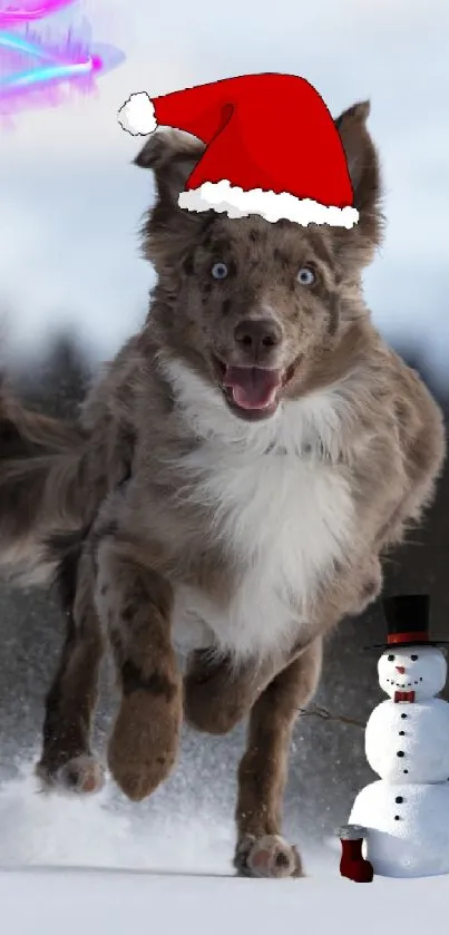 Dog in Santa hat runs beside snowman on snowy day.