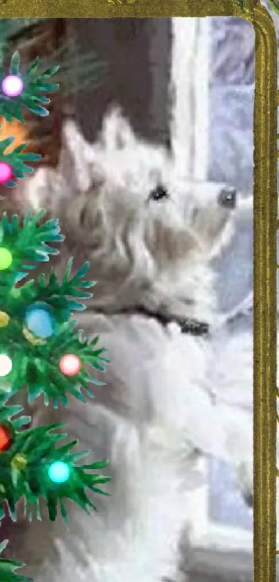 A cute dog looking up beside a decorated Christmas tree indoors.