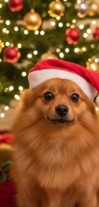 Cute dog in Santa hat by a decorated Christmas tree.
