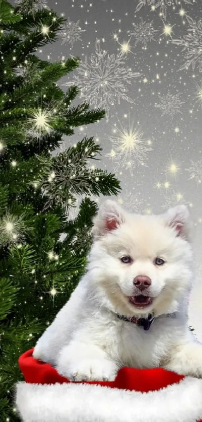 White dog beside Christmas tree with snowflakes falling.