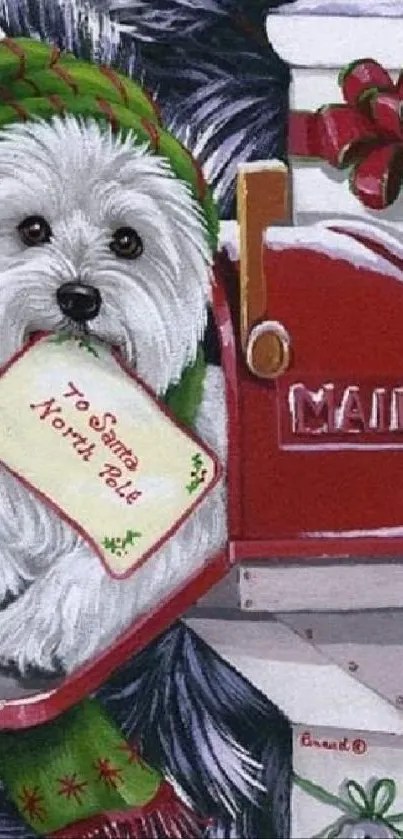 Festive dog holding a letter in a Christmas mailbox.