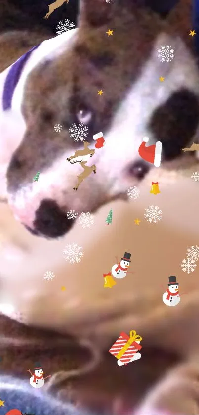 Festive Christmas dog wallpaper with snowflakes and holiday decor.