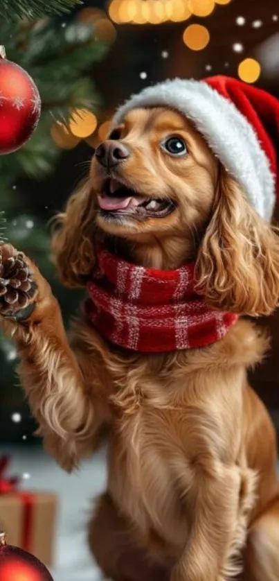 Cute dog wearing Santa hat and scarf by a decorated Christmas tree.
