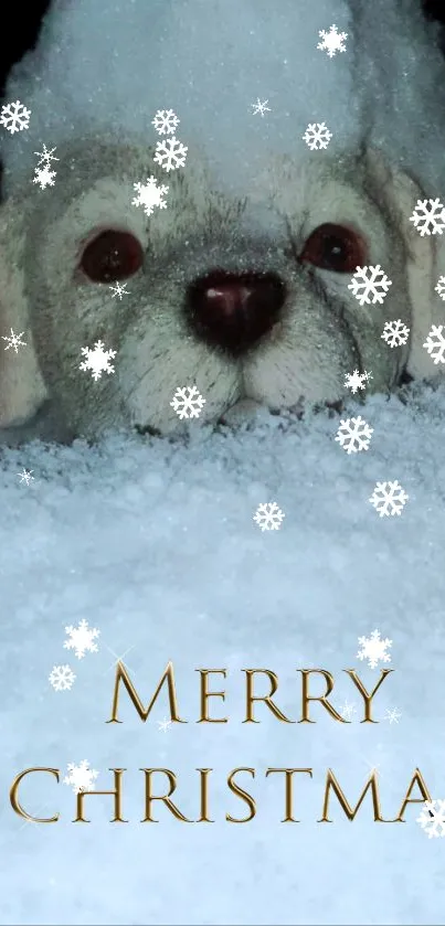 Adorable puppy covered in snow with Merry Christmas text.