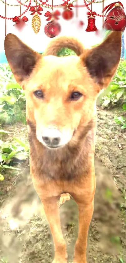 Dog standing in a festive garden with holiday decor.