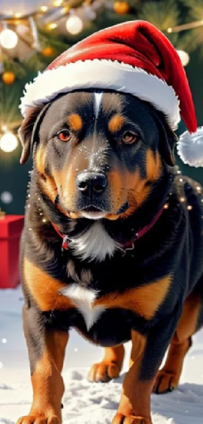 Dog wearing a Santa hat amid Christmas gifts and lights.