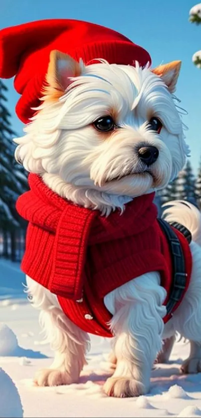 Cute dog in red coat and Santa hat standing in snow.
