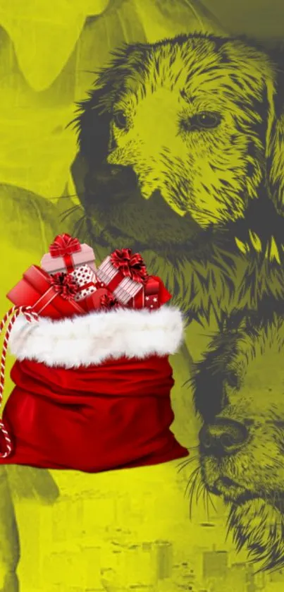 Yellow background with a dog and red gift bag.