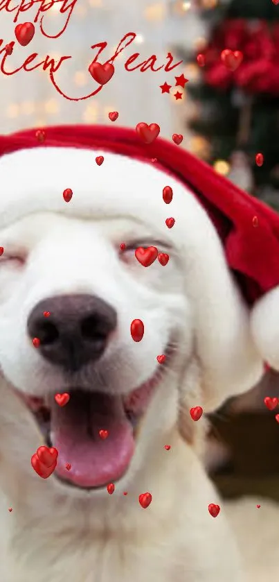 Cute dog in Santa hat with festive red hearts.