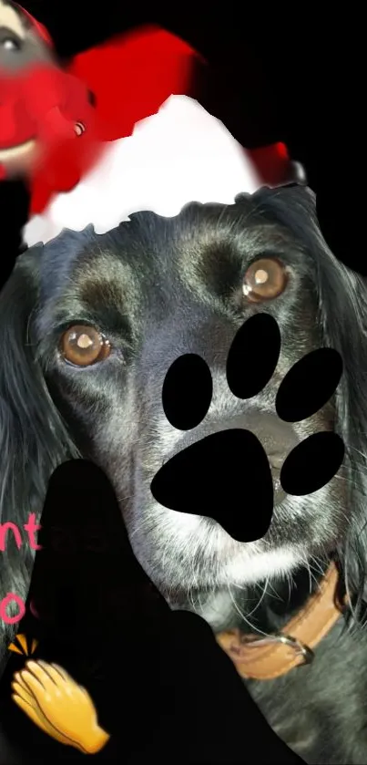 Dog in Santa hat mobile wallpaper with festive theme.