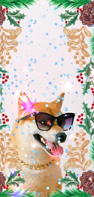 Dog wearing sunglasses with festive decorations.