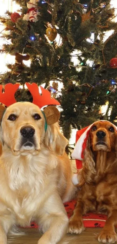 Golden retrievers wearing holiday costumes by a Christmas tree.