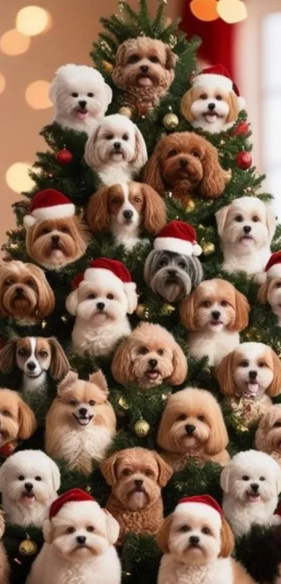 Dogs wearing Santa hats on a Christmas tree.