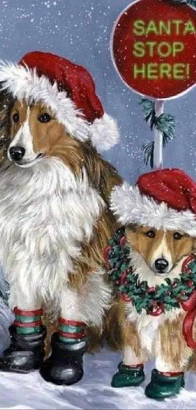 Adorable dogs in Santa hats with a festive sign in a snowy setting.