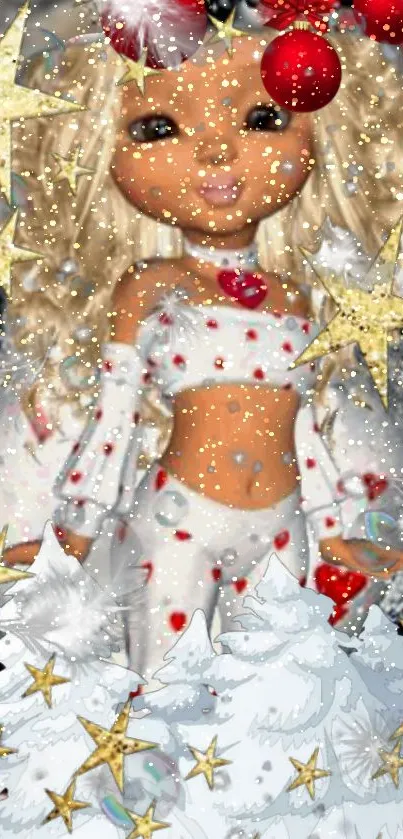 Festive doll in a winter wonderland with stars and decorations.