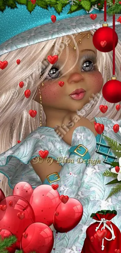 Festive doll with red hearts and Christmas ornaments background.