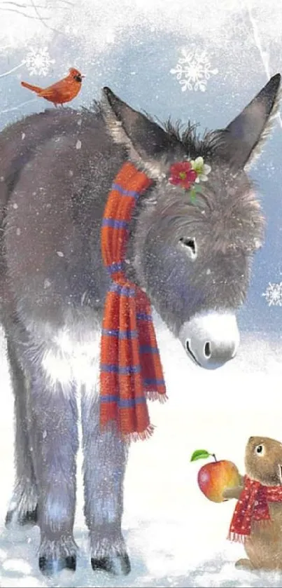 Donkey and rabbit in snowy winter scene with festive scarves.