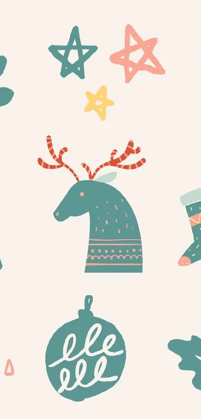 Festive Christmas doodle wallpaper with reindeer and stars.