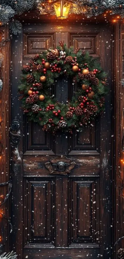Christmas door with festive wreath and lights.