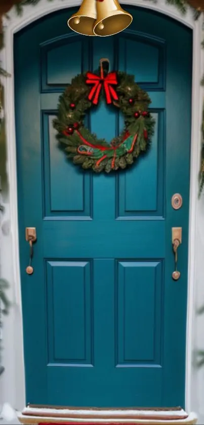 Festive teal door with Christmas wreath and holiday decorations.