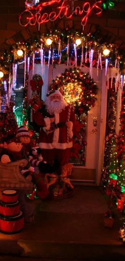 Santa and festive lights doorway Christmas decoration.