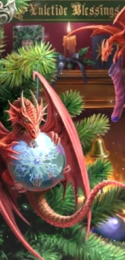 Red dragon perched on Christmas tree amidst festive decor.